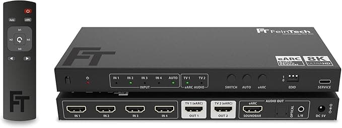 FeinTech AX341 HDMI 2.1 eARC Splitter Switch 4-in-2 Out with Audio Extractor (eARC Soundbar, Toslink & AUX), 8K 60Hz, 4K120Hz, Downscaler
