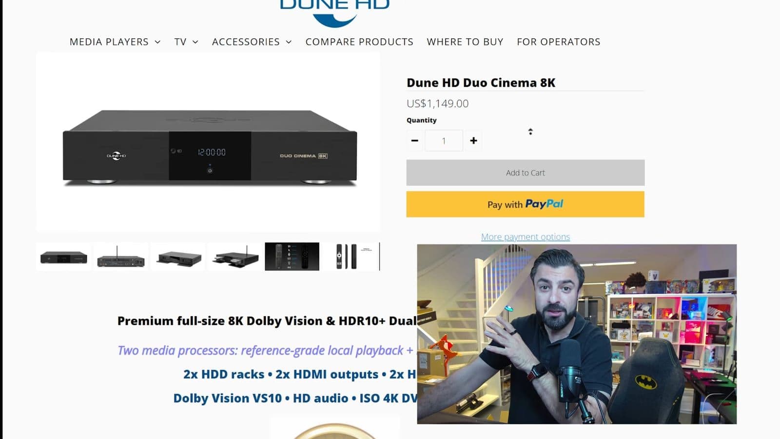 Dune HD website product page for the Duo Cinema 8K showing a price of US$1,149.00 with Zino in a picture-in-picture