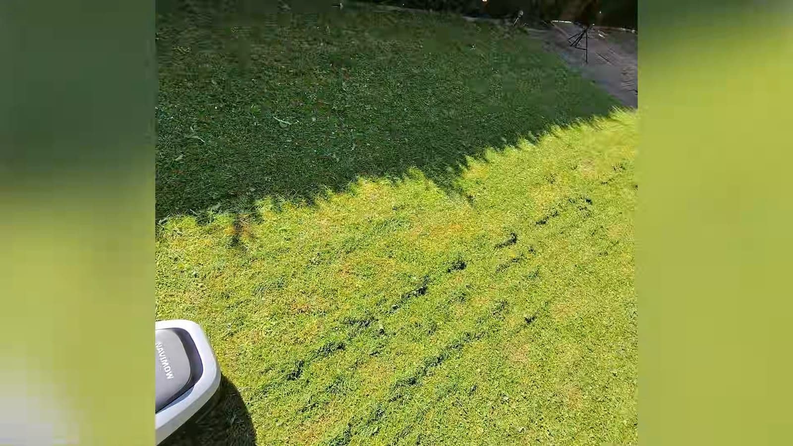 Bovenaanzicht van de Navimow die tijdig stopt voor een oranje smartphone op het gras