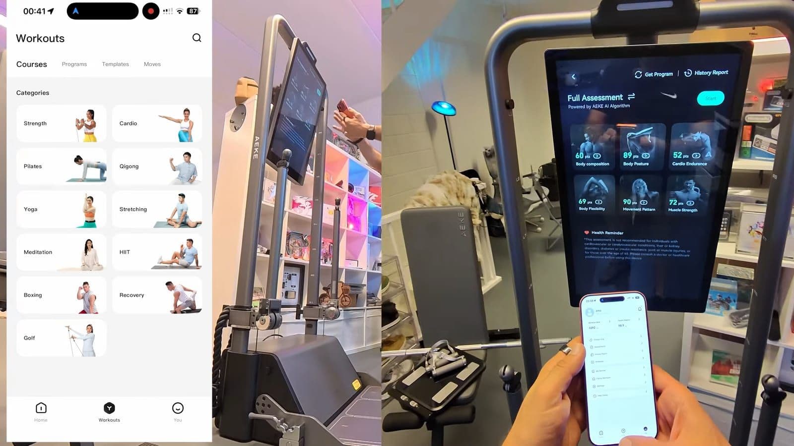 Splitscreen met de mobiele app links en trainingsprogramma's op het scherm rechts