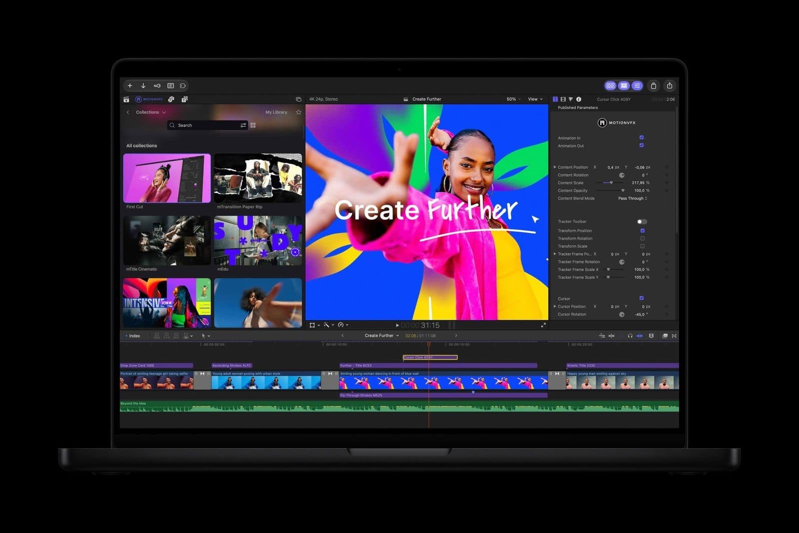 Final Cut Pro op een MacBook Pro met het MotionVFX-paneel geopend