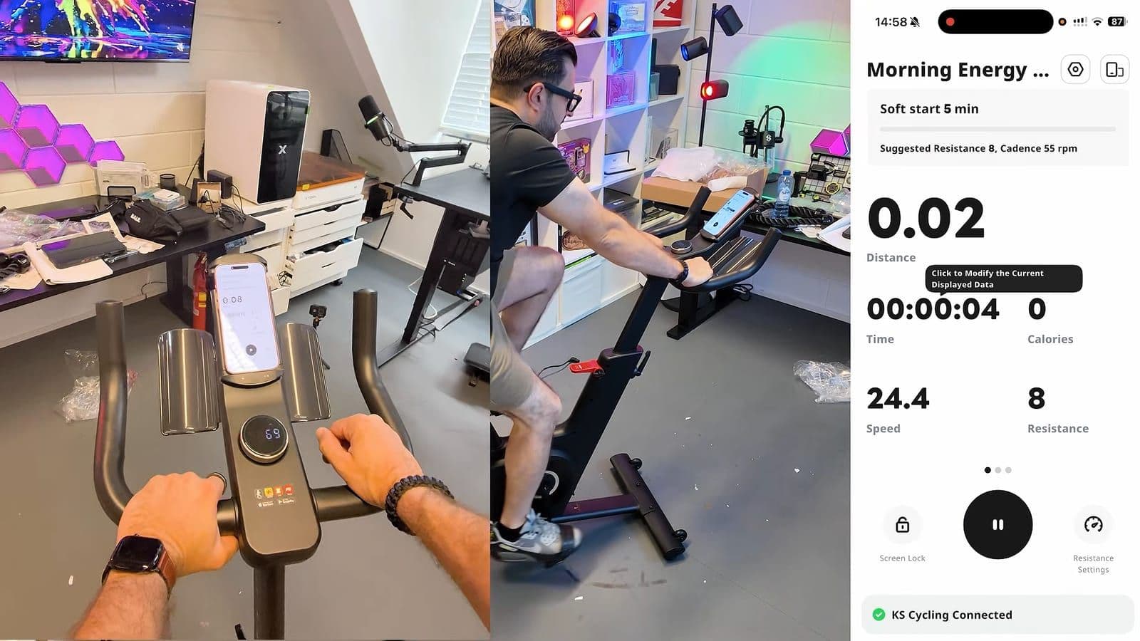 Zicht vanaf het zadel op het stuur met telefoon en de ronde LED-knop, naast het KS Fit scherm met weerstand 8