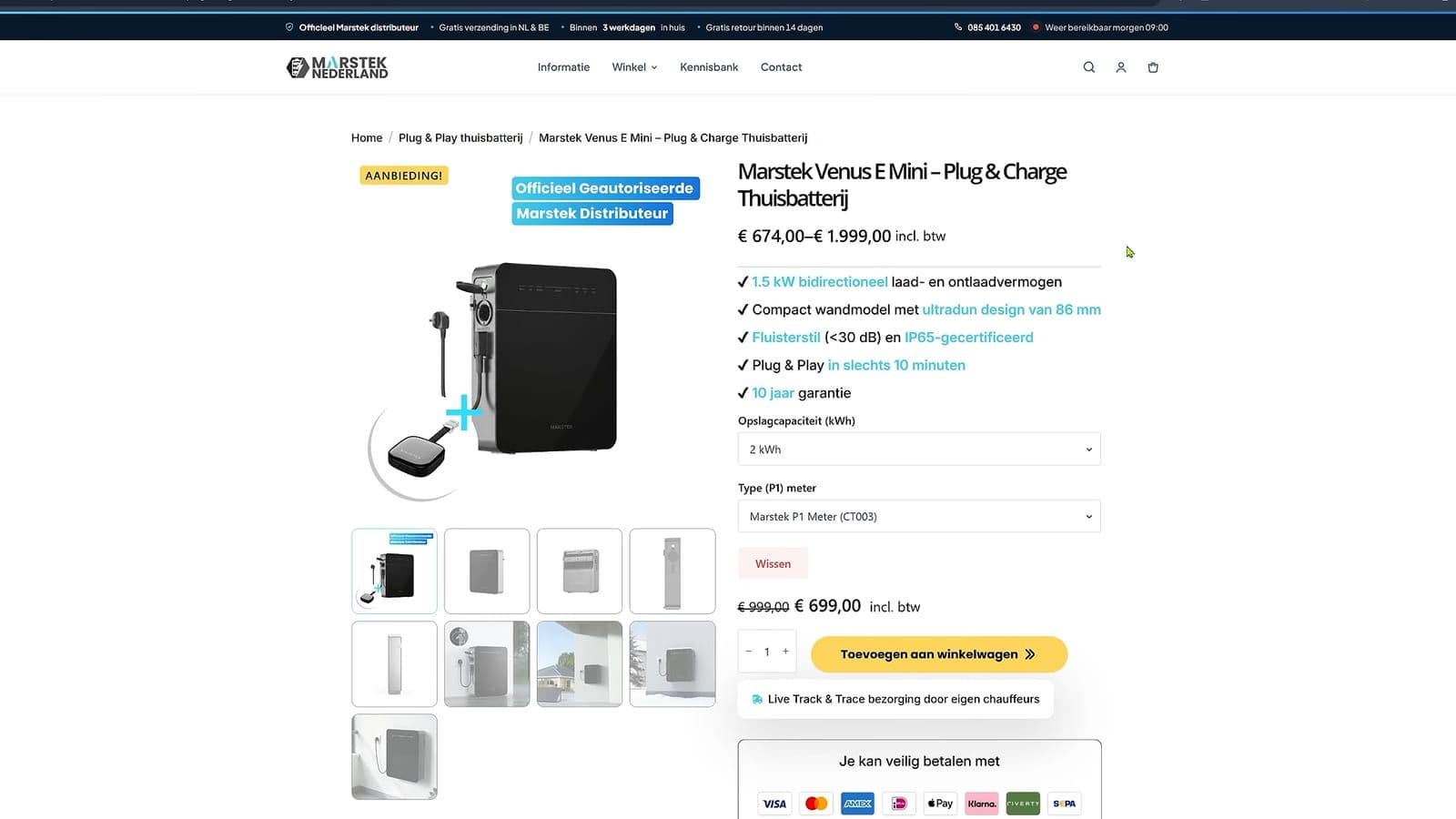 Webshop van Marstek Nederland met de Venus E Mini en de P1-meter voor €699