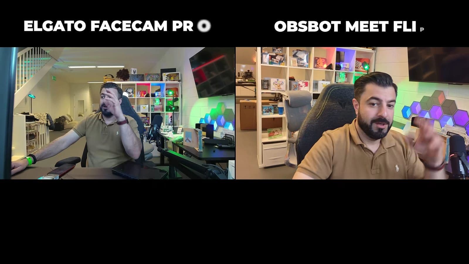 Side-by-side split screen showing live feed comparison of Elgato Facecam Pro vs OBSBOT Meet Flip