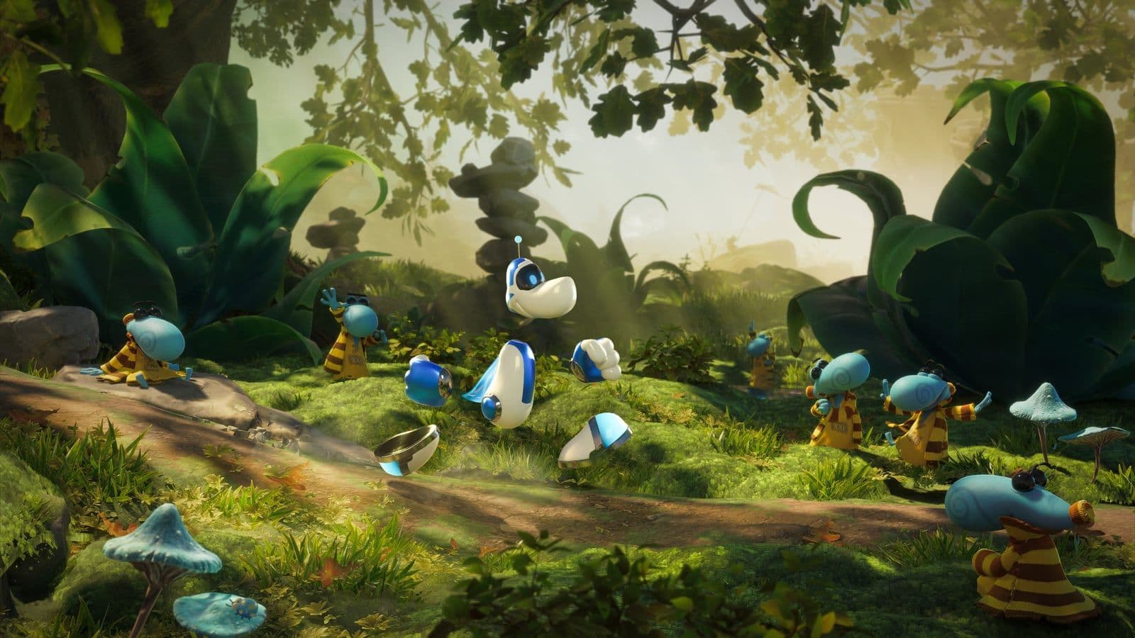 Rayman in Astro Bot-stijl springt vrolijk tussen kleine blauwe figuren in een bosrijke omgeving
