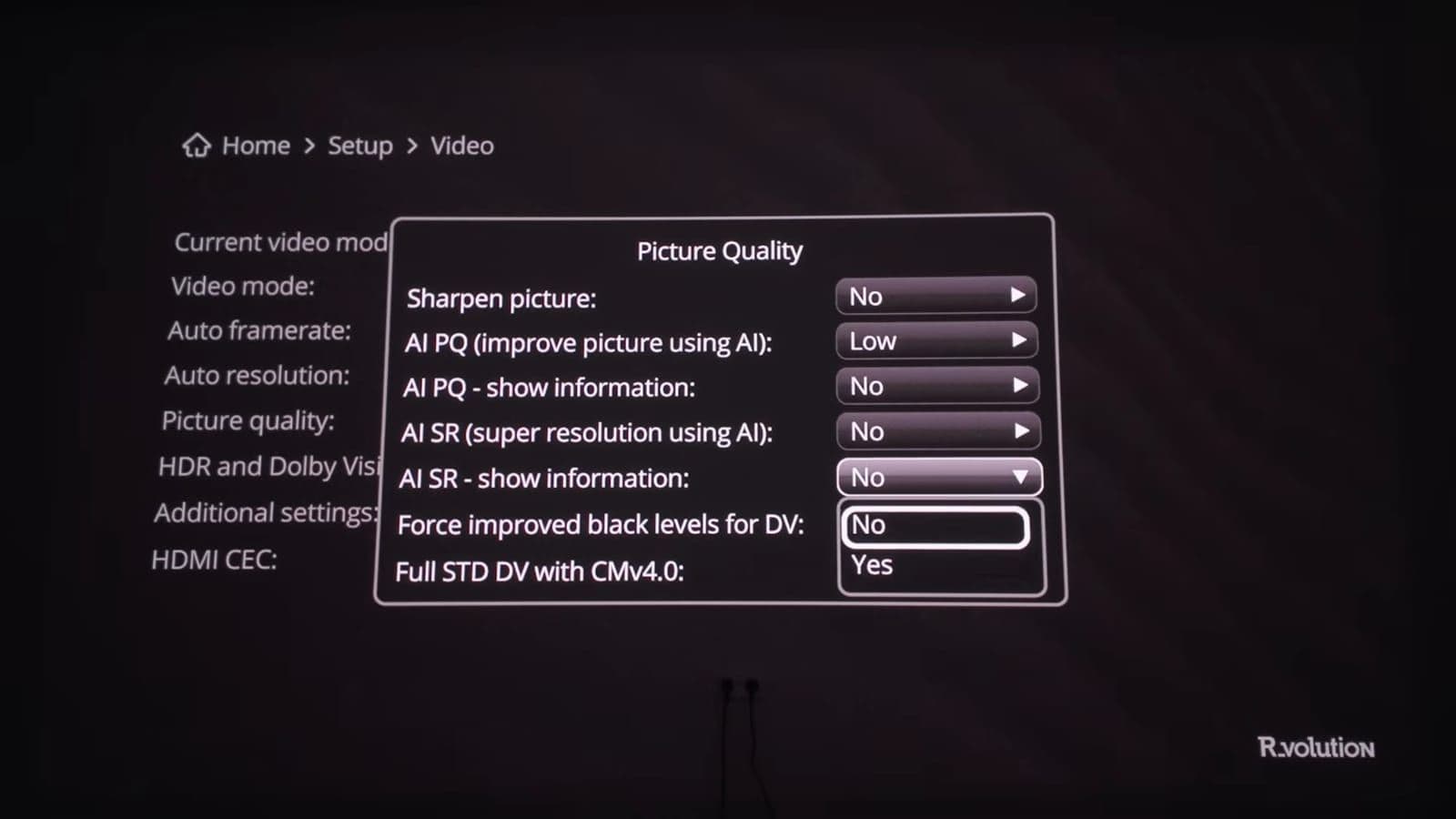 The advanced picture quality settings page in the R_video configuration menu
