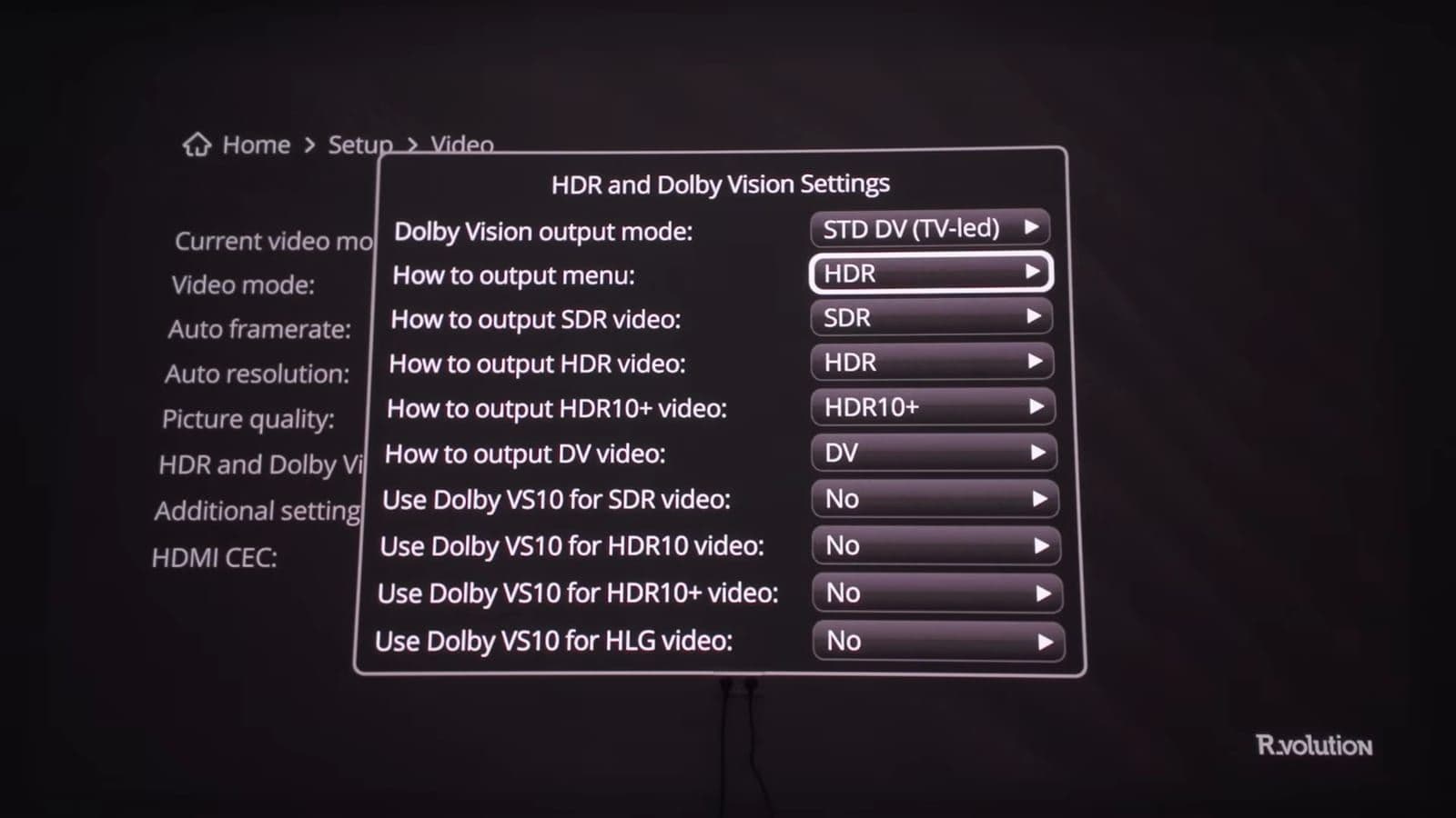 The HDR and Dolby Vision settings menu displaying output mode options