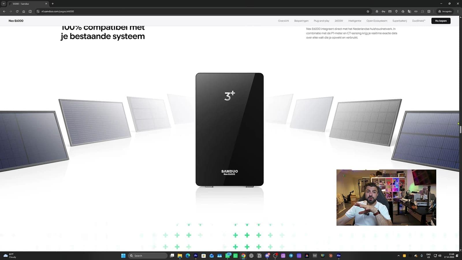 Productpagina van de SAMDUO Nex E6000 met de batterij tussen zonnepanelen