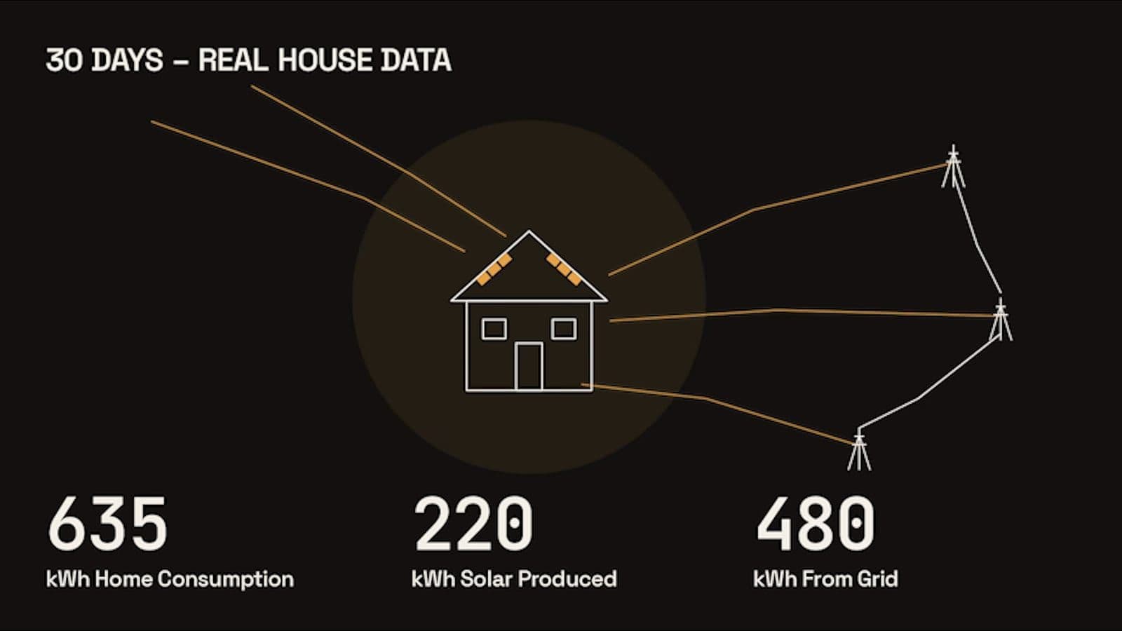 Grafiek met 30 dagen huisdata: 635 kWh verbruik, 220 kWh zonne-opbrengst en 480 kWh van het net