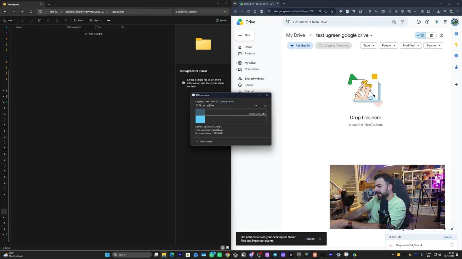 Scherm met links een Windows-kopieervenster naar de NAS en rechts Google Drive met nog 3 minuten te gaan