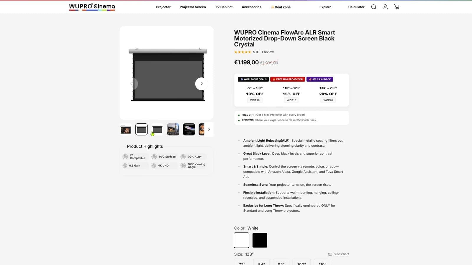Web page listing for the WUPRO Cinema FlowArc ALR Smart Motorized Drop-Down Screen