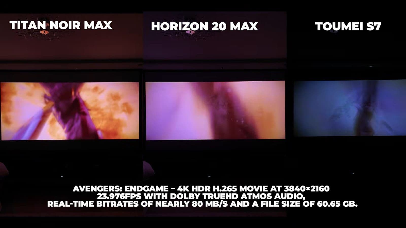 Three-way split screen of an explosion in Avengers: Endgame comparing the Titan Noir Max, Horizon 20 Max, and Toumei S7
