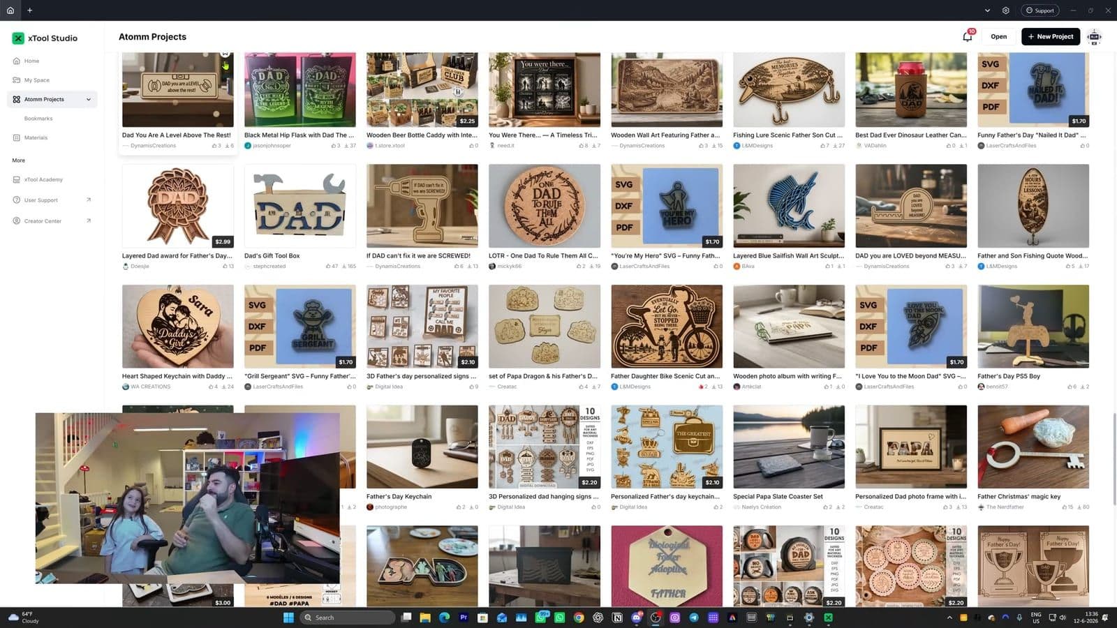 xTool Studio project browser met verschillende ontwerpen voor Vaderdag